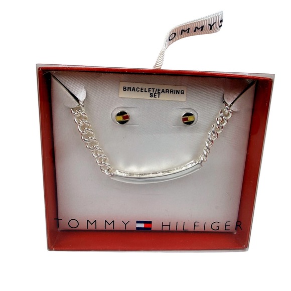 Tommy Hilfiger Jewelry - Tommy Hilfiger Silver Tone Bracelet and Earring Set Flag Logo B60343 NEW -B3